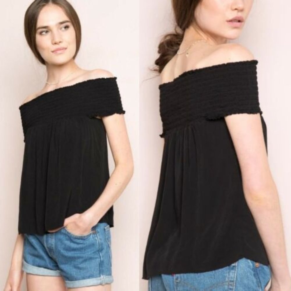 Brandy Melville Black Smocked Off Shoulder Seymour Top